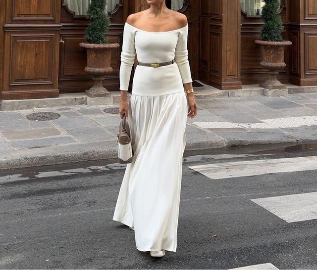 Long-Sleeve Off-Shoulder Plain Pleated Maxi A-Line Dress Product Image