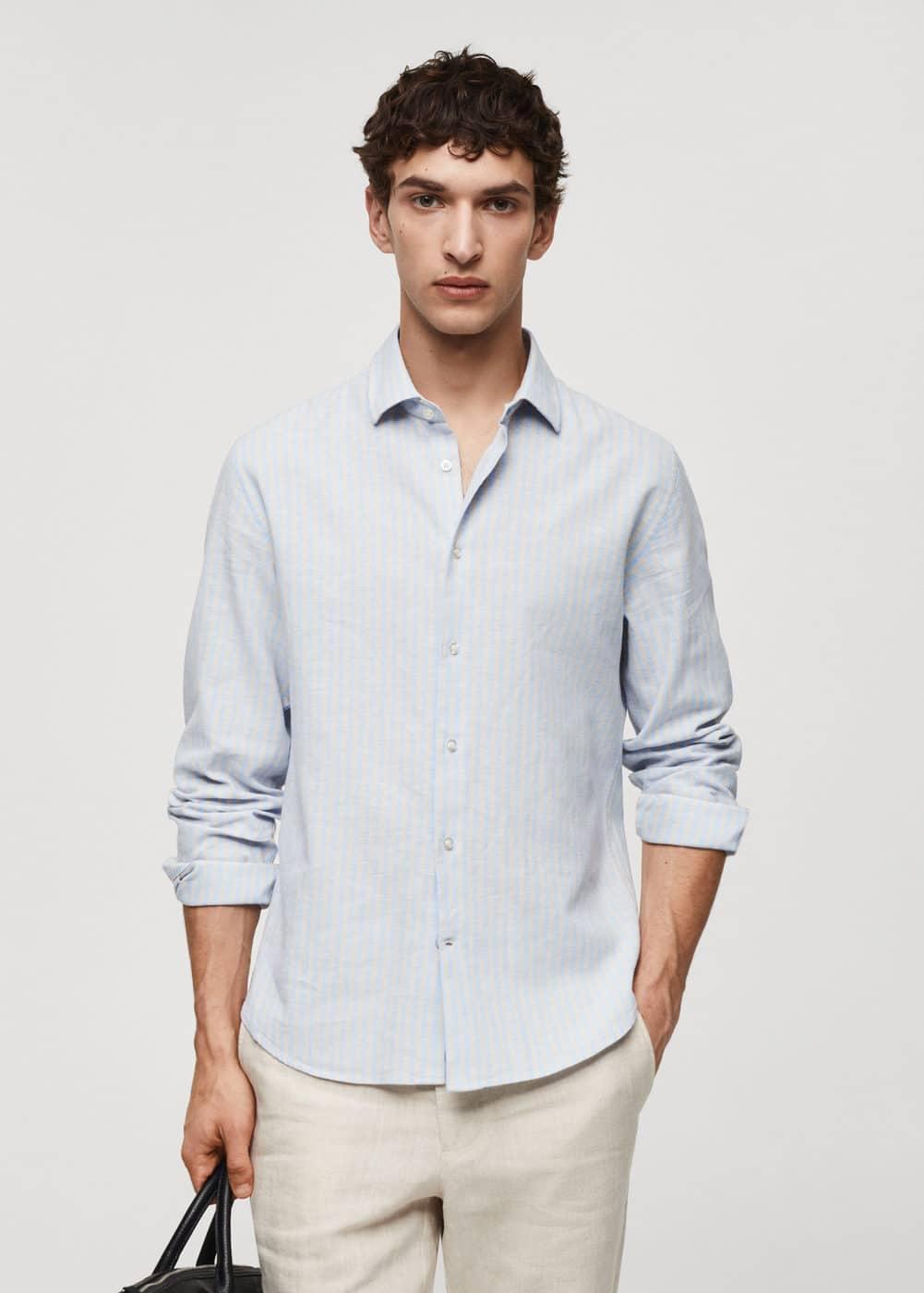 MANGO MAN - Regular-fit striped linen shirt beigeMen Product Image