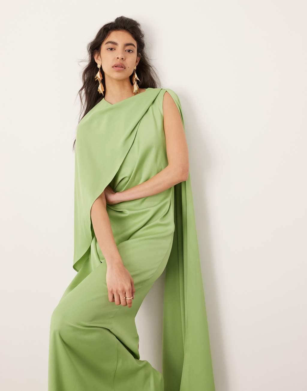 ASOS EDITION satin drape detail maxi dress with ruched waist in sage Product Image