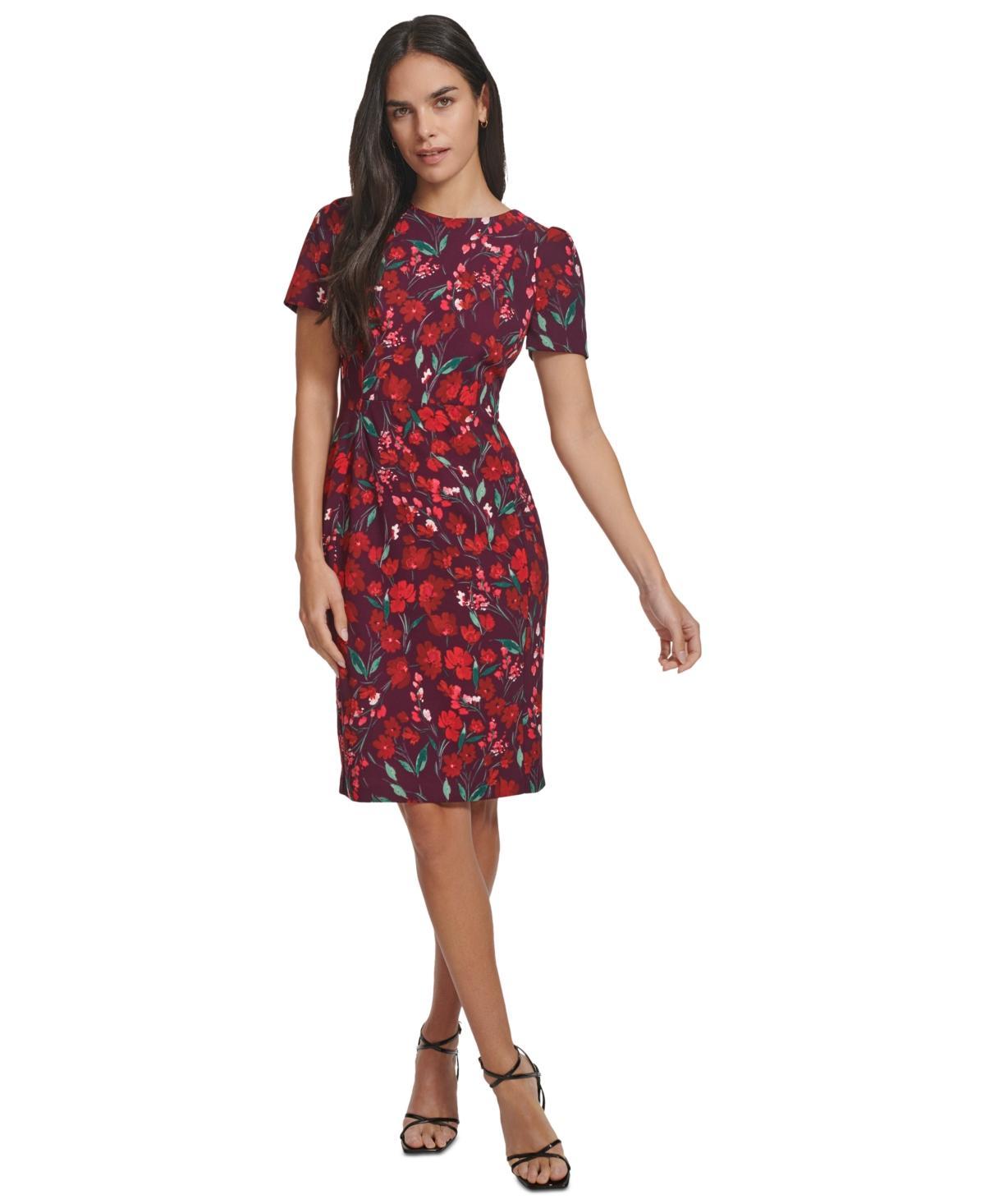 Calvin Klein Tulip Sleeve Floral Sheath (Aubergine ) Women's Dress Product Image