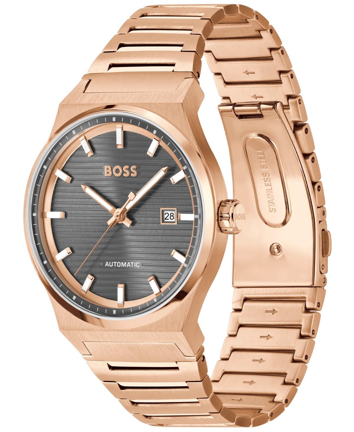 Hugo Boss Mens Candor Auto Mech-Automatic Ionic Plated Rose Gold Steel Watch 41mm - Rose-Gold Product Image