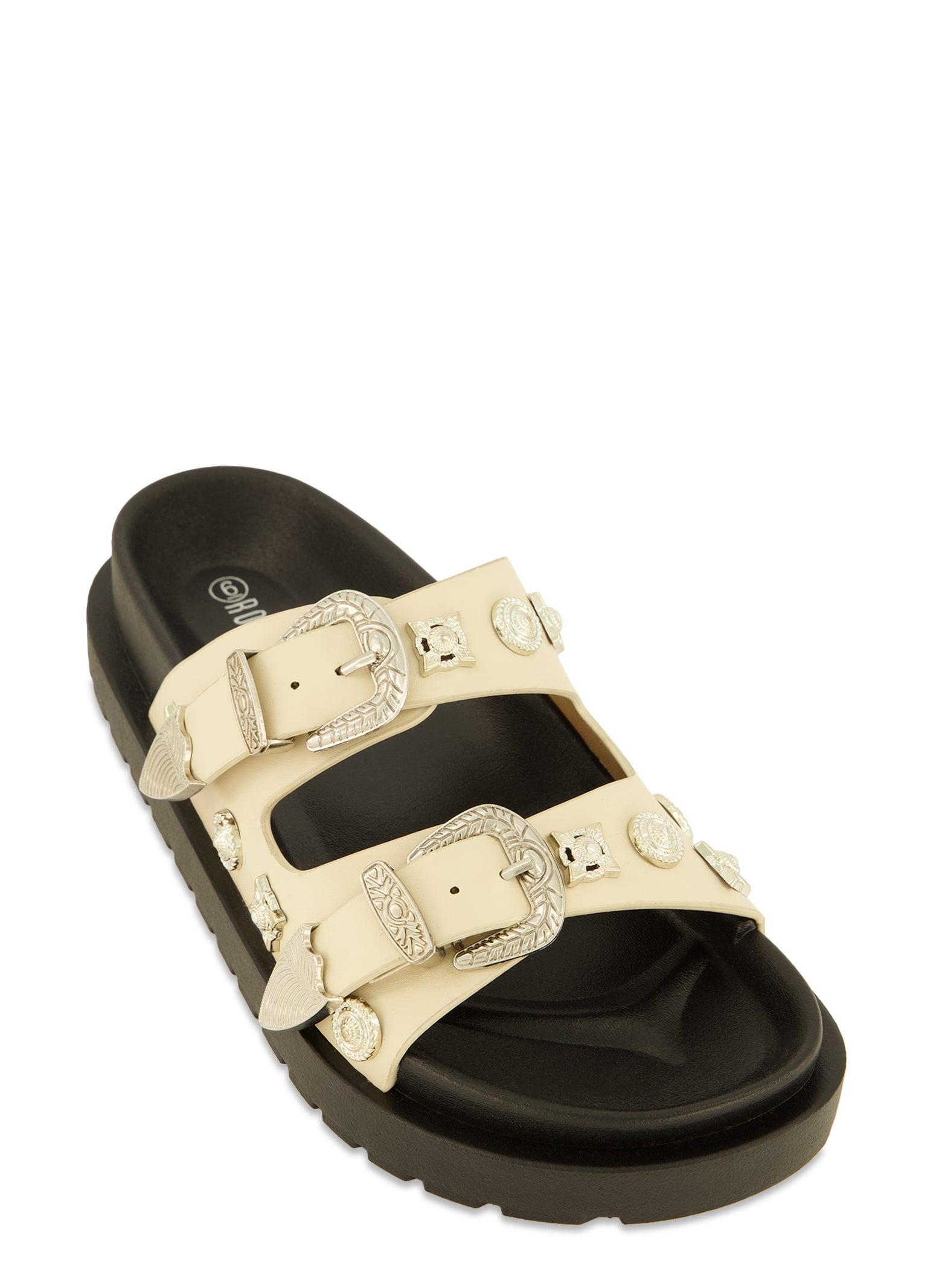 Womens Double Buckle Band Embellished Slide Sandals Product Image