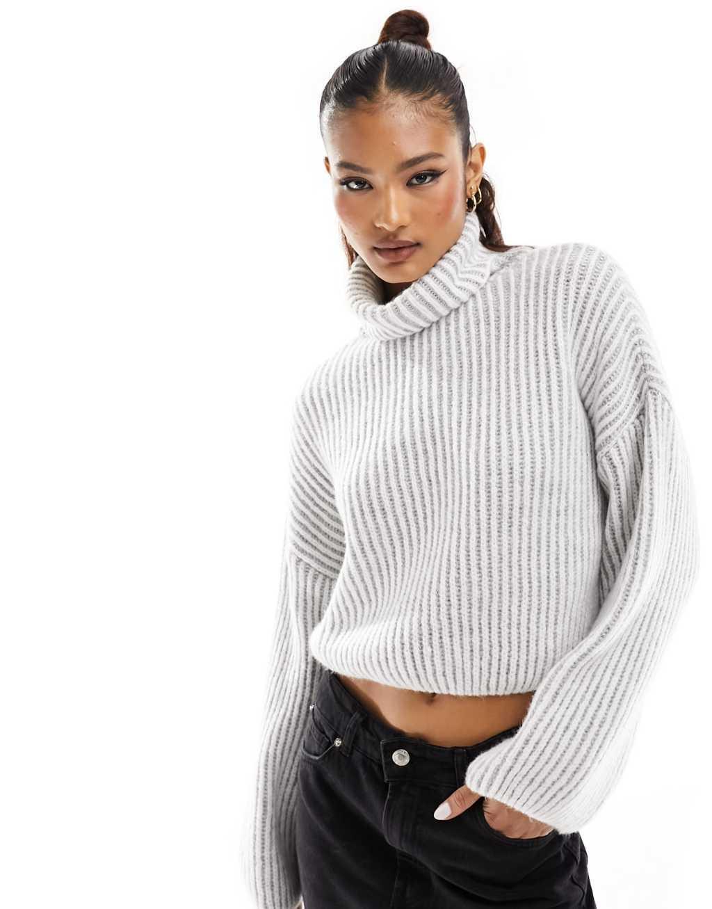 Stradivarius chunky high neck sweater in 2 tone stripe in gray product image