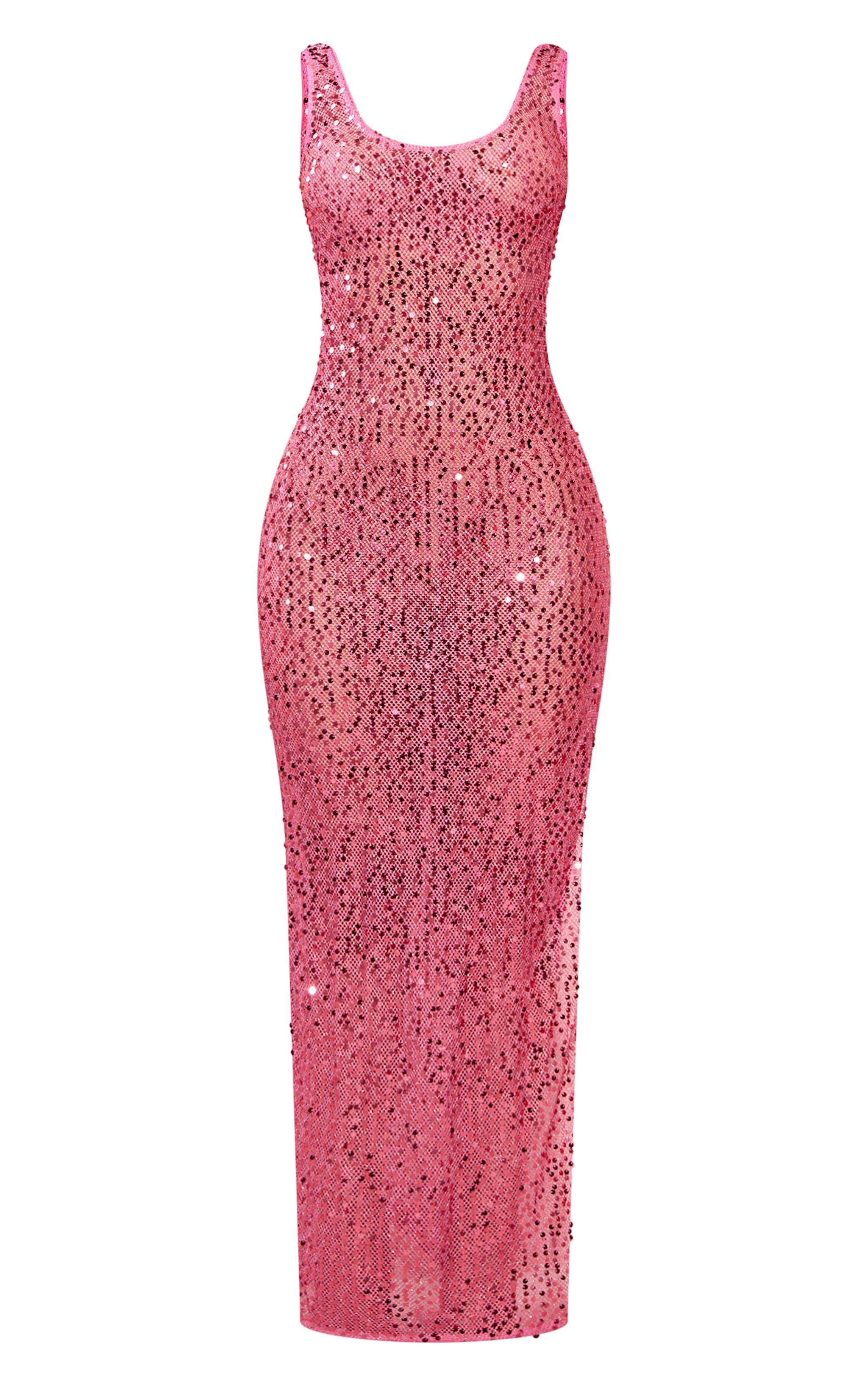 Petite Bright Pink Sequin Sheer Maxi Dress Product Image