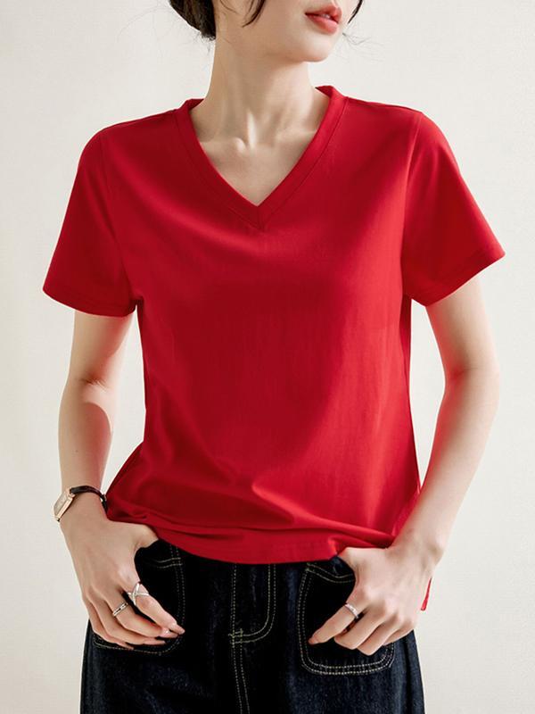 Loose Short Sleeves Solid Color V-Neck T-Shirts Tops product image