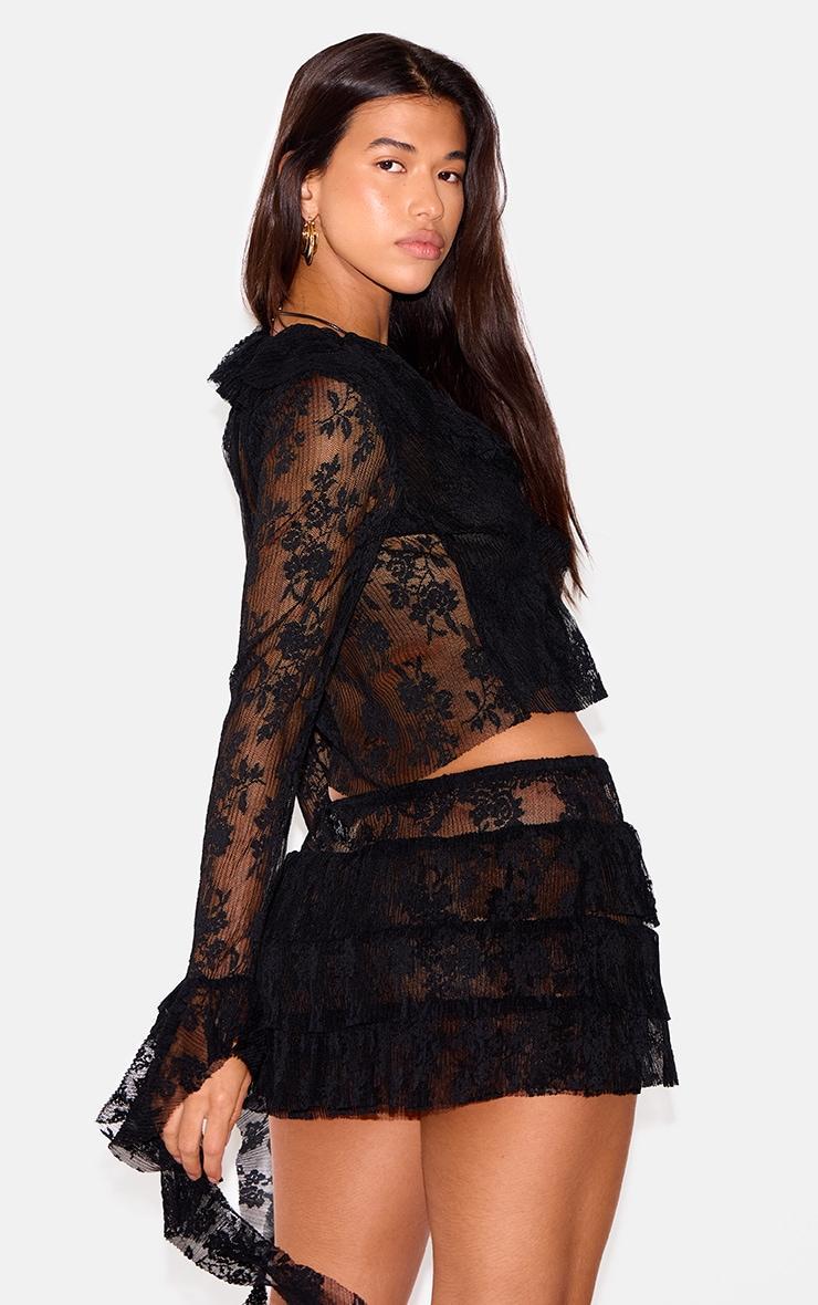 Black Floral Lace Ruffle Detail Tie Front Shirt Product Image