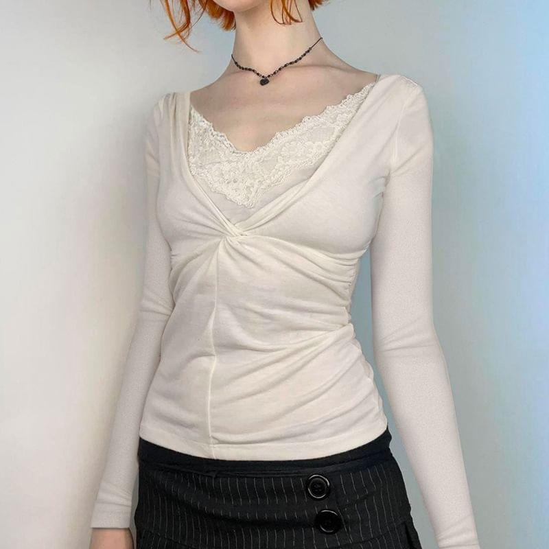 Long-Sleeve V-Neck Mock Two-Piece Plain Lace Panel Knot Slim Fit T-Shirt Product Image