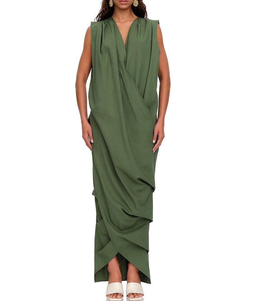 Andrea Iyamah Sayo Linen-Blend Surplice V-Neck Sleeveless Crossover Pleated Kaftan Dress Product Image