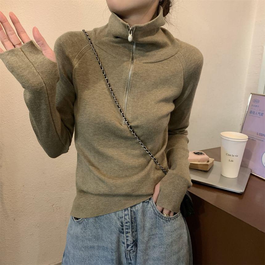 Long-Sleeve Stand Collar Plain Half-Zip Slim Fit Knit Top Product Image