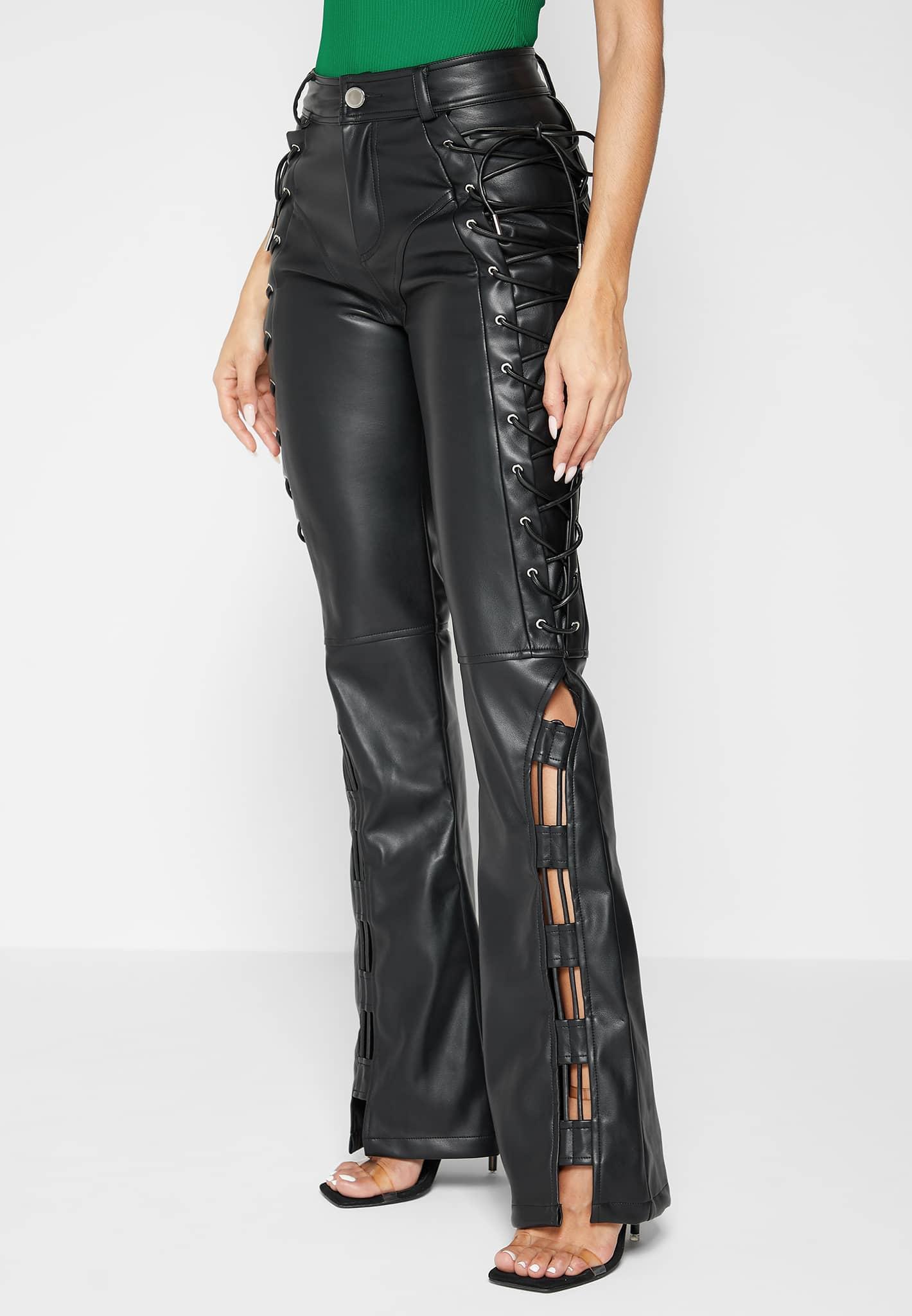 Leather Lace Up Trousers - Black Female Product Image