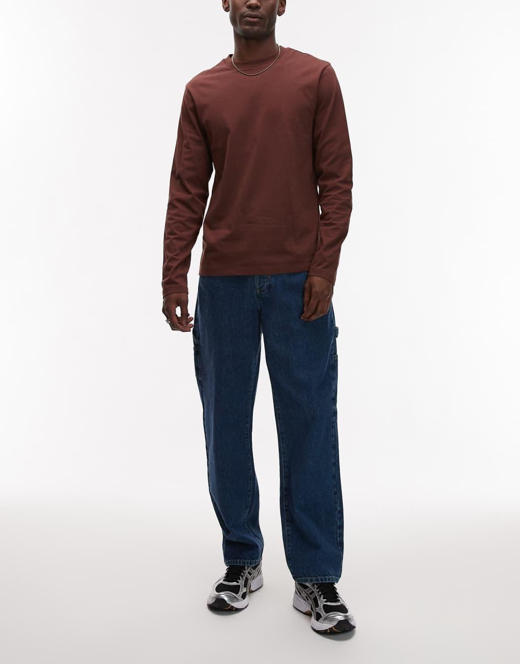 Topman straight carpenter jeans in mid wash blue Product Image