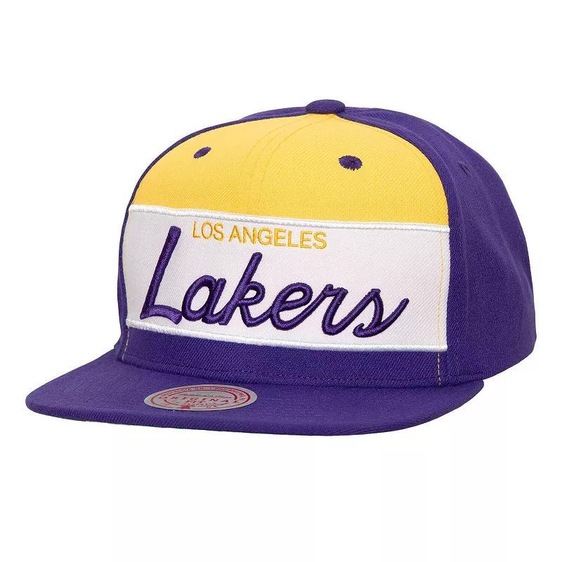 Mens Mitchell & Ness /Purple Los Angeles Lakers Retro Sport Color Block Script Snapback Hat Product Image