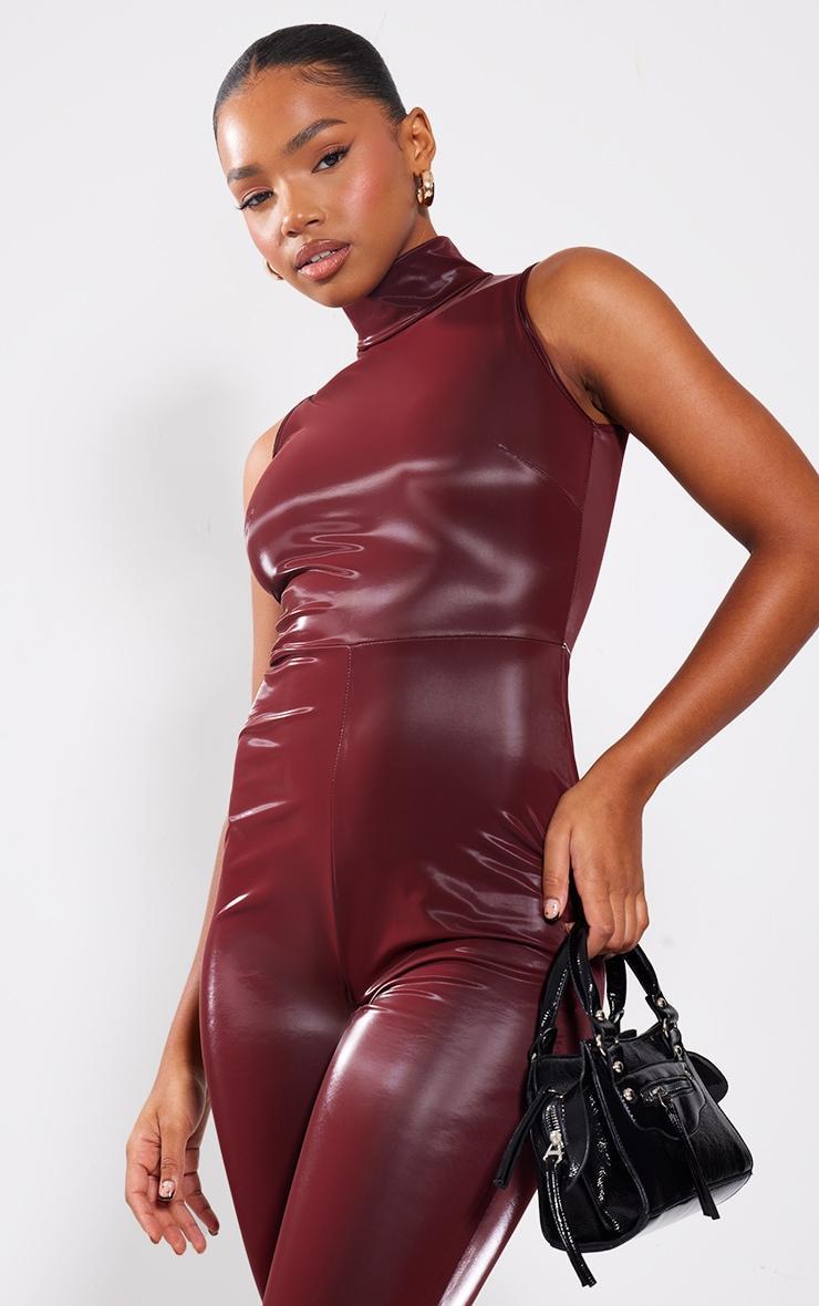 Burgundy Matte Vinyl High Neck Jumpsuit Product Image