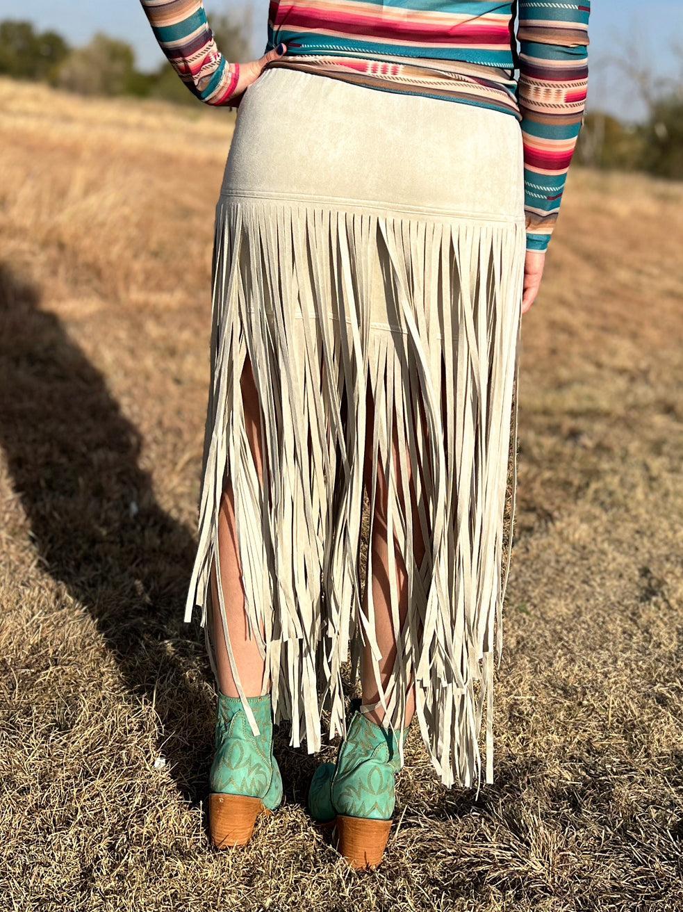 Rodeo Queen Suede Fringe Skirt Beige Product Image