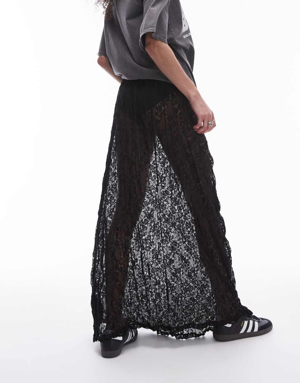 Topshop sheer lace crinkle column midi skirt with elasticated waist in black Product Image