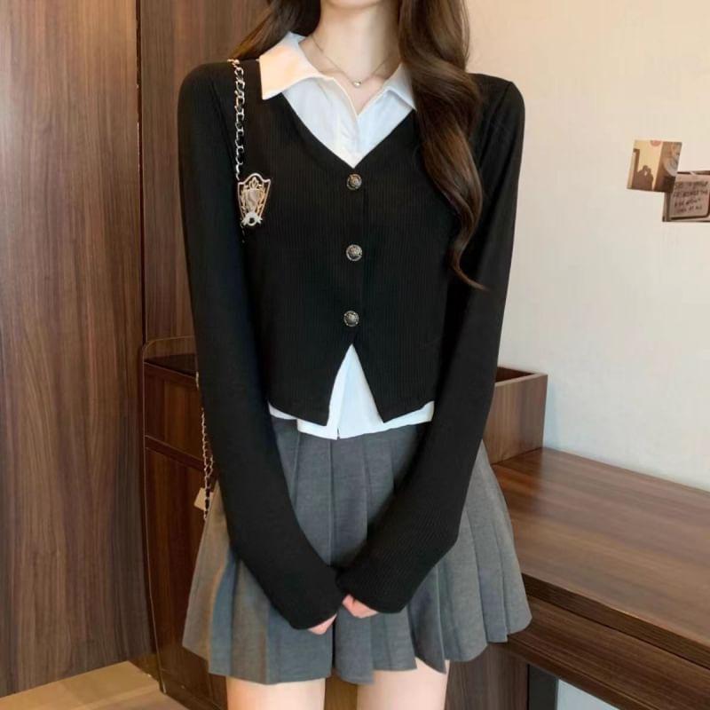 Long-Sleeve Collared Mock Two-Piece Two Tone Embroidered Button-Up Crop Blouse product image