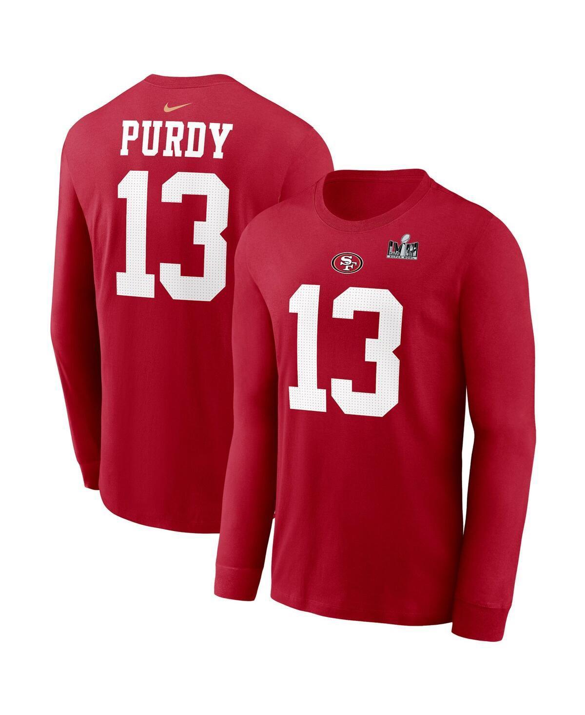 Mens Nike Brock Purdy Scarlet San Francisco 49ers Super Bowl LVIII Patch Player Name & Number Long Sleeve T-Shirt Product Image