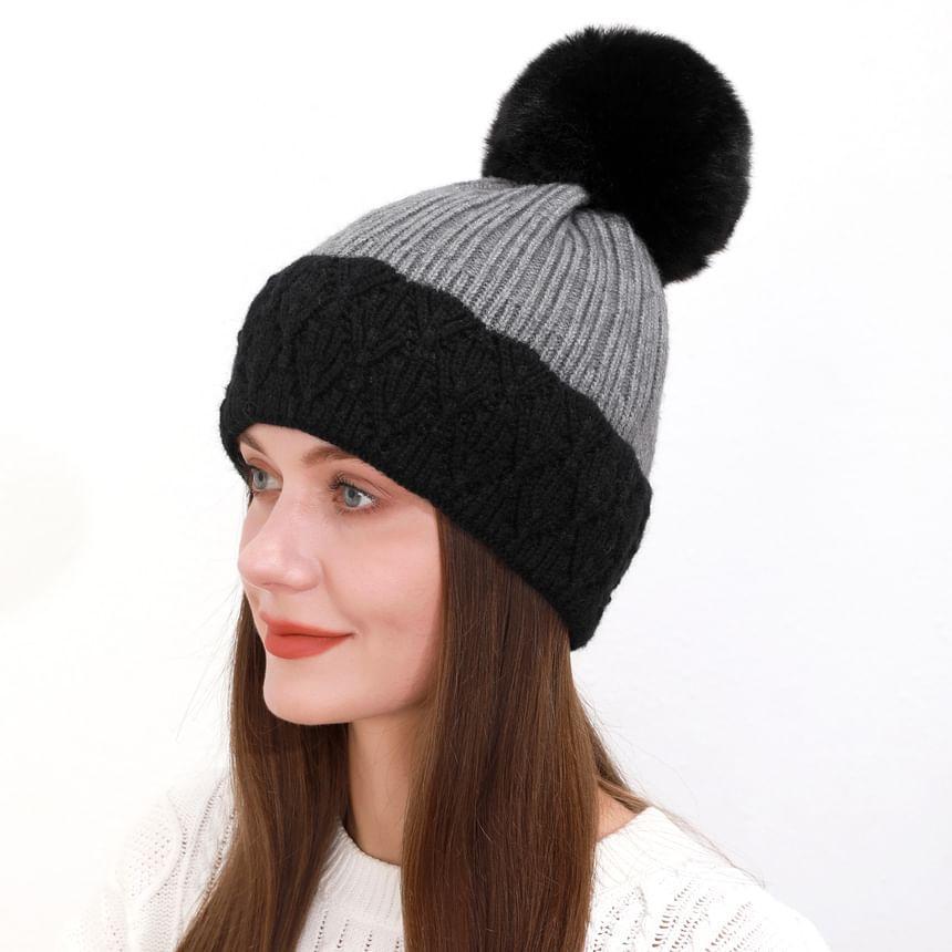 Two Tone Pom Pom Knit Beanie Product Image