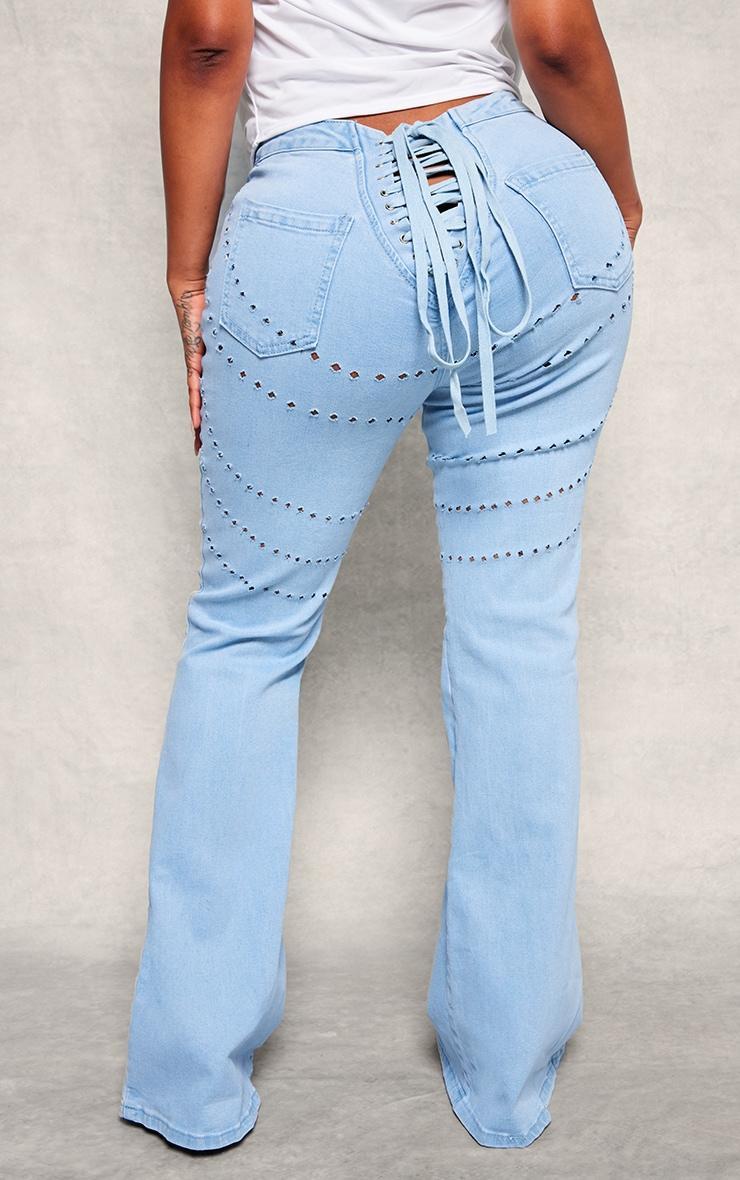 Shape Light Blue Wash Denim Lace Up Back Flare Jeans Product Image