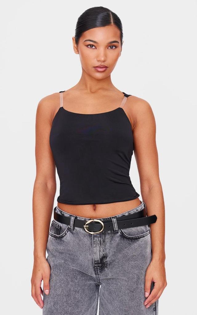 Black Double Layer Slinky Strap Detail Long Top Product Image