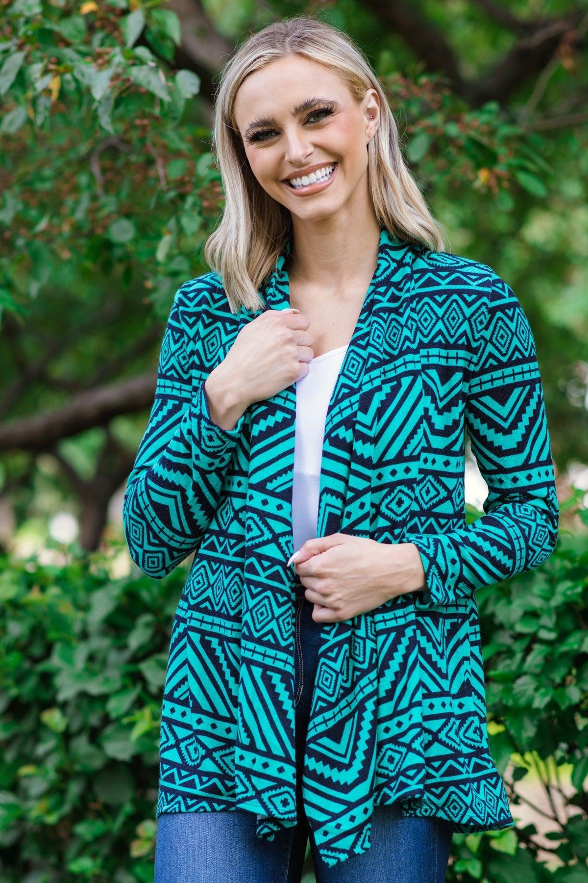 Turquoise and Navy Aztec Print Cardigan product image