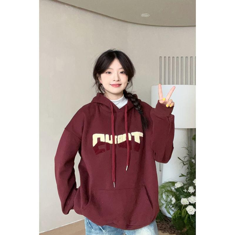 Lettering Embroidered Drawstring Hoodie Product Image