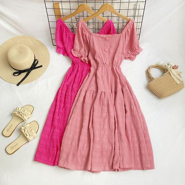 Puff-Sleeve Square Neck Plain Midi A-Line Dress Product Image