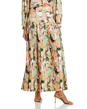 Pleated Watercolor-Print A-Line Maxi Skirt Product Image