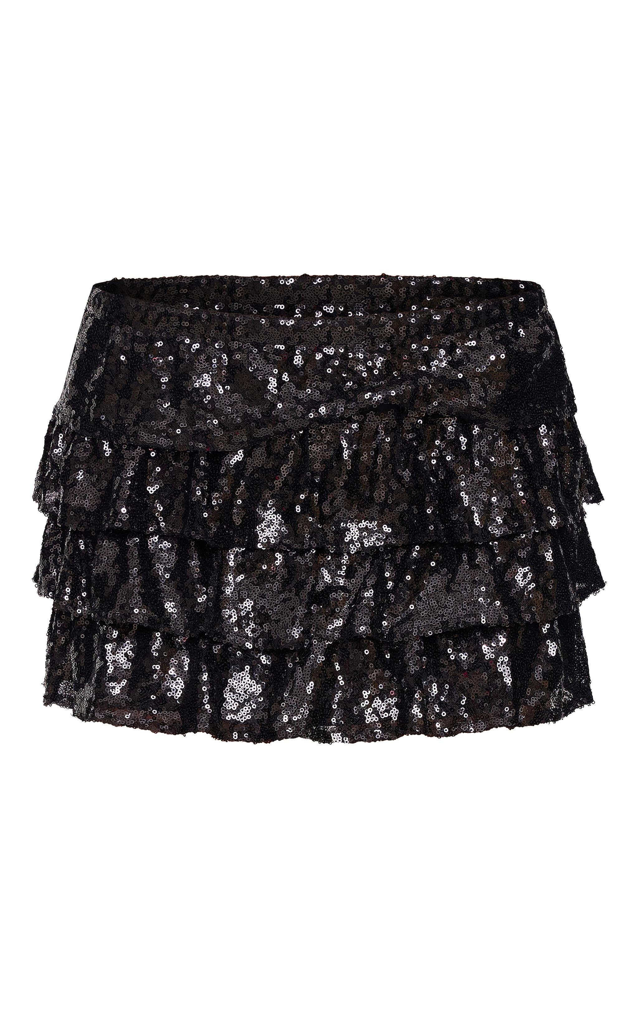 Black Sequin Frilly Tiered Mini Skirt Product Image