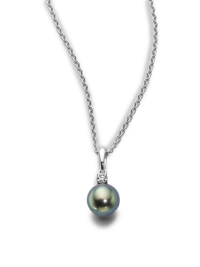 8MM Black Cultured Pearl, Diamond & 18K White Gold Necklace Product Image