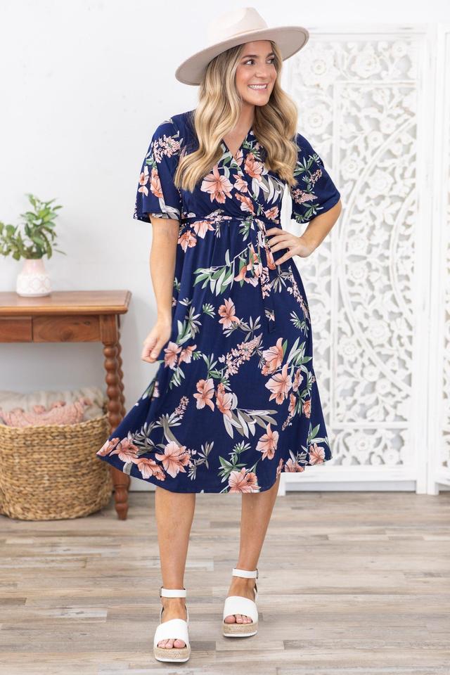 Navy Floral Faux Wrapped Midi Dress Product Image