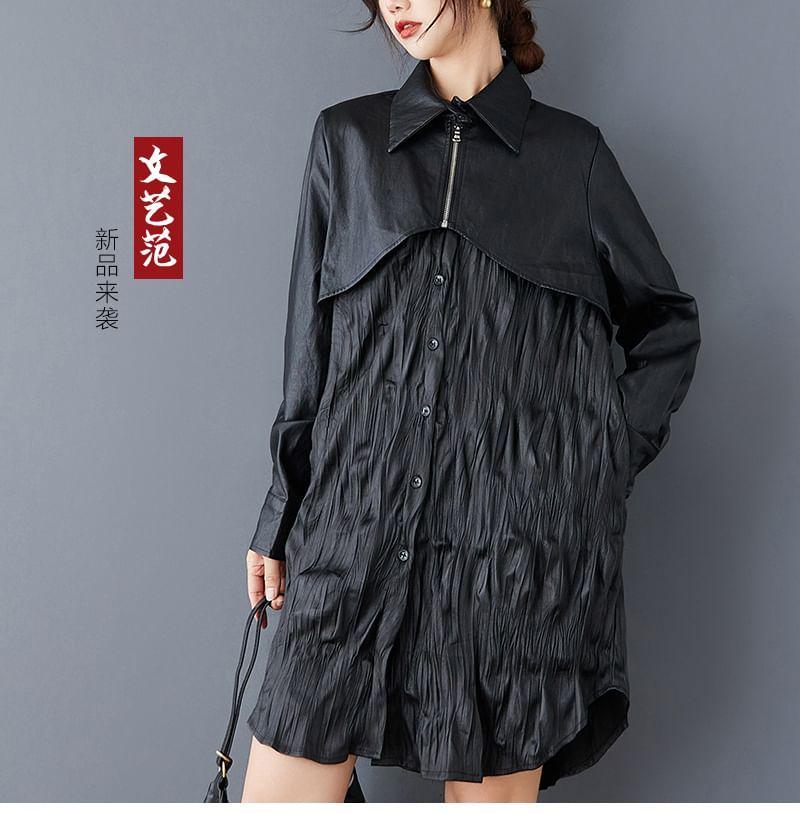 Long-Sleeve Collared Mock Two-Piece Plain Faux Leather Panel Crinkle Button-Up Tunic Dress Product Image