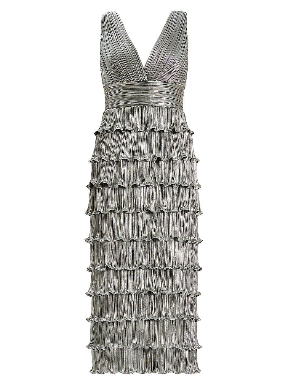 Womens Pleated Metallic Ruffled Midi-Dress Product Image