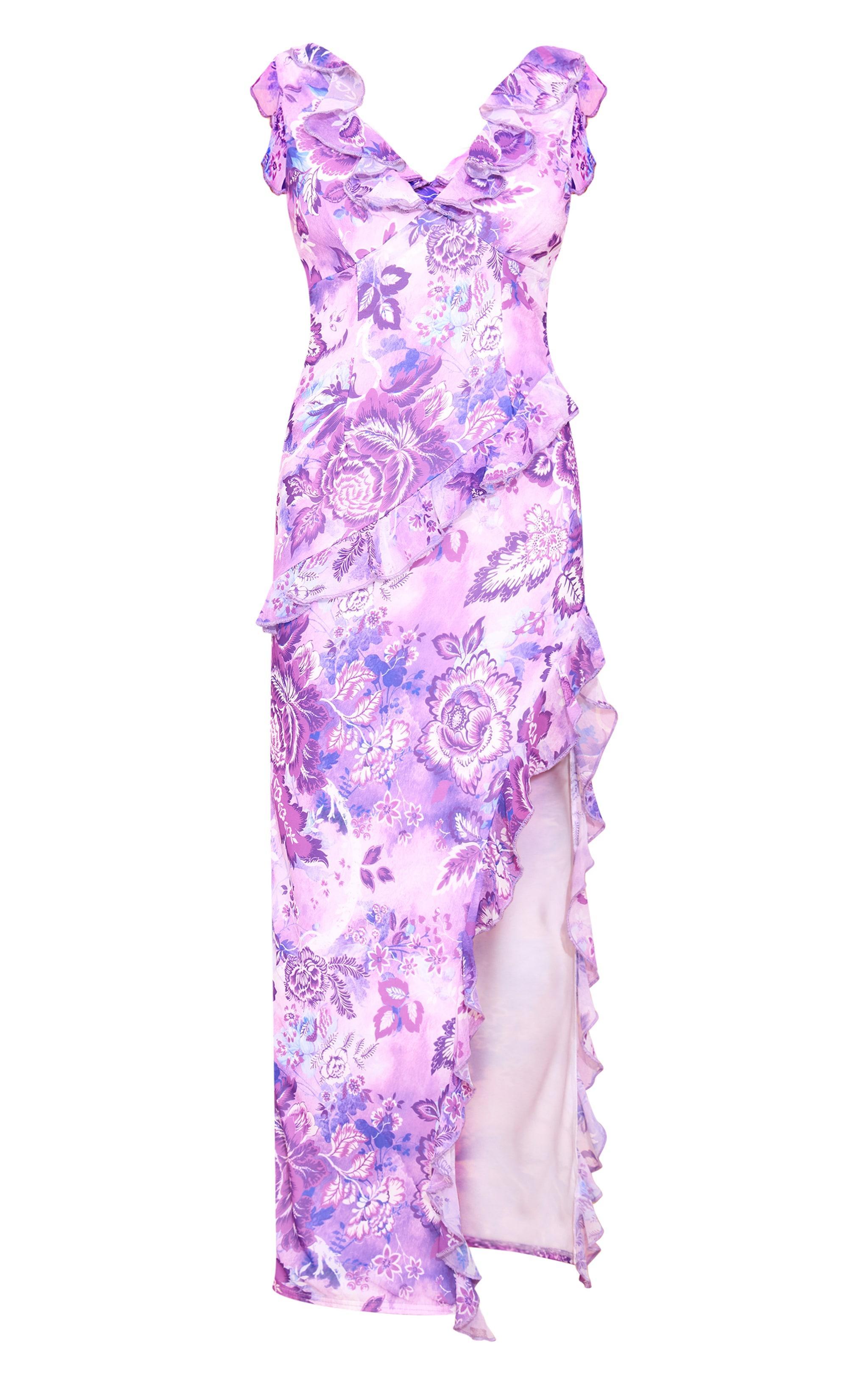 Purple Floral Asymmetric Frill Split Maxi Dress Product Image