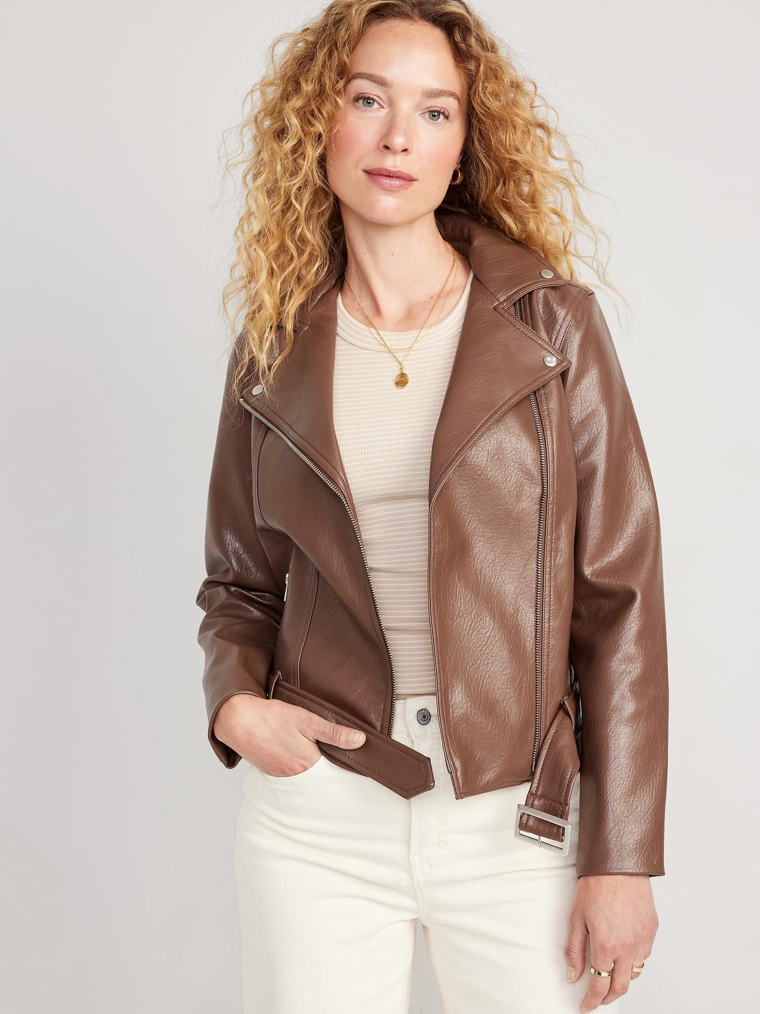 Faux-Leather Belted Biker Jacket Product Image