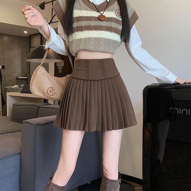 High Waist Plain Pleated Mini A-Line Skirt Product Image