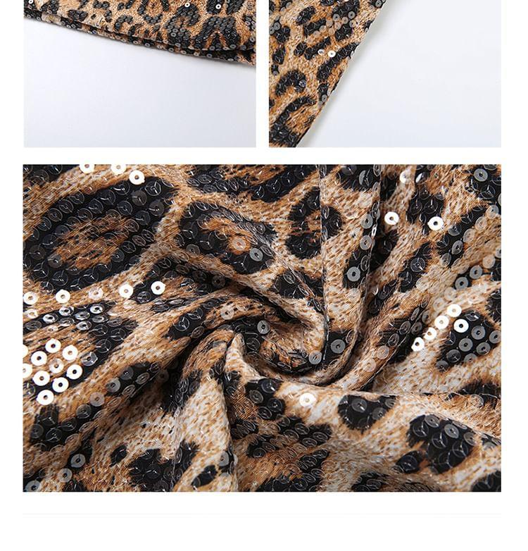 High Waist Leopard Print Sequin Wide Leg Pants Product Image