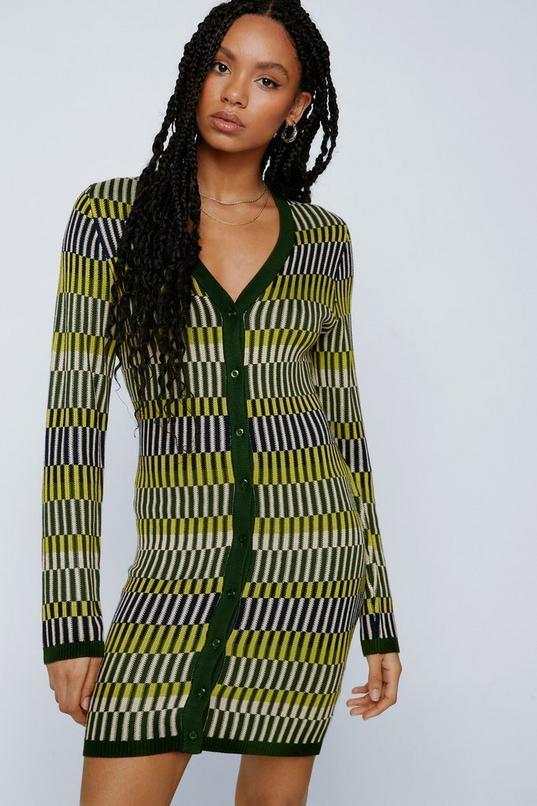 Contrast Stripe Button Up Knit Mini Dress Product Image