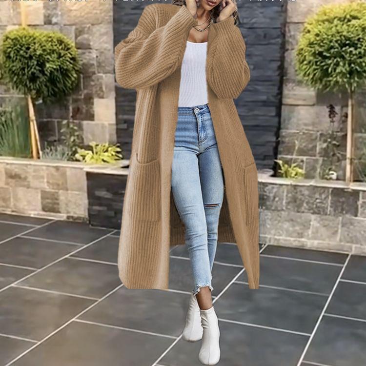 Plain Ribbed Open Front Long Cardigan Product Image