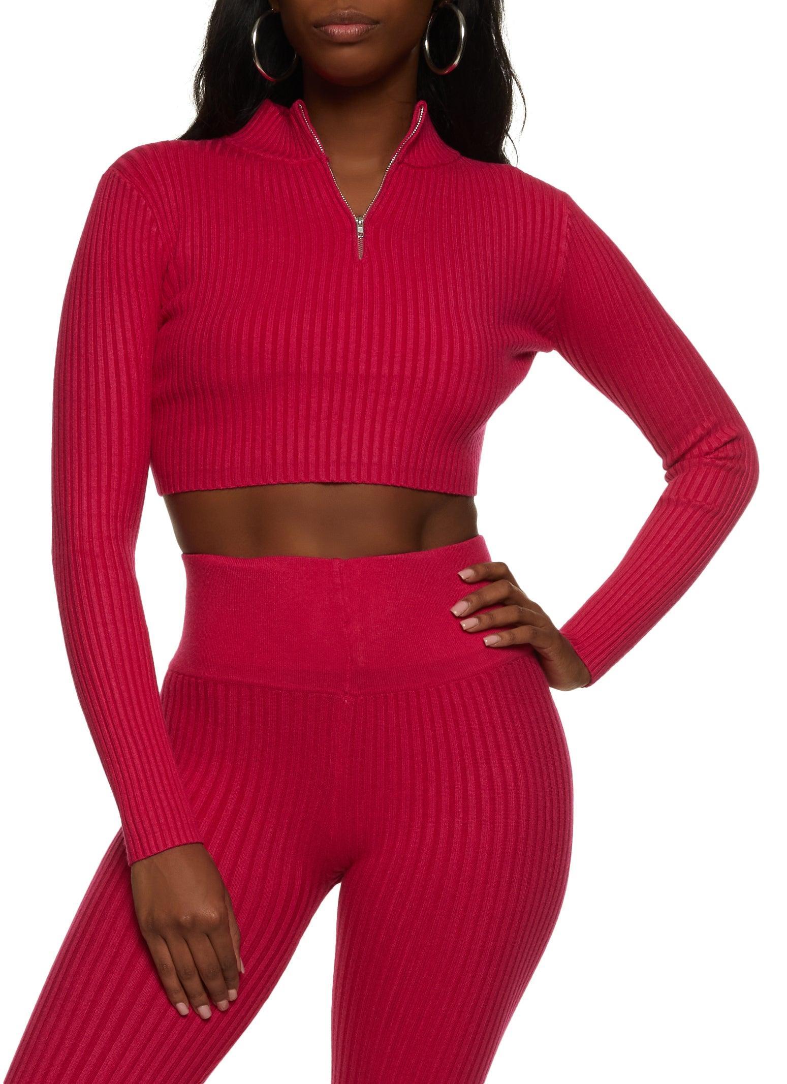 Womens Cropped Rib Knit Zip Neck Sweater Product Image