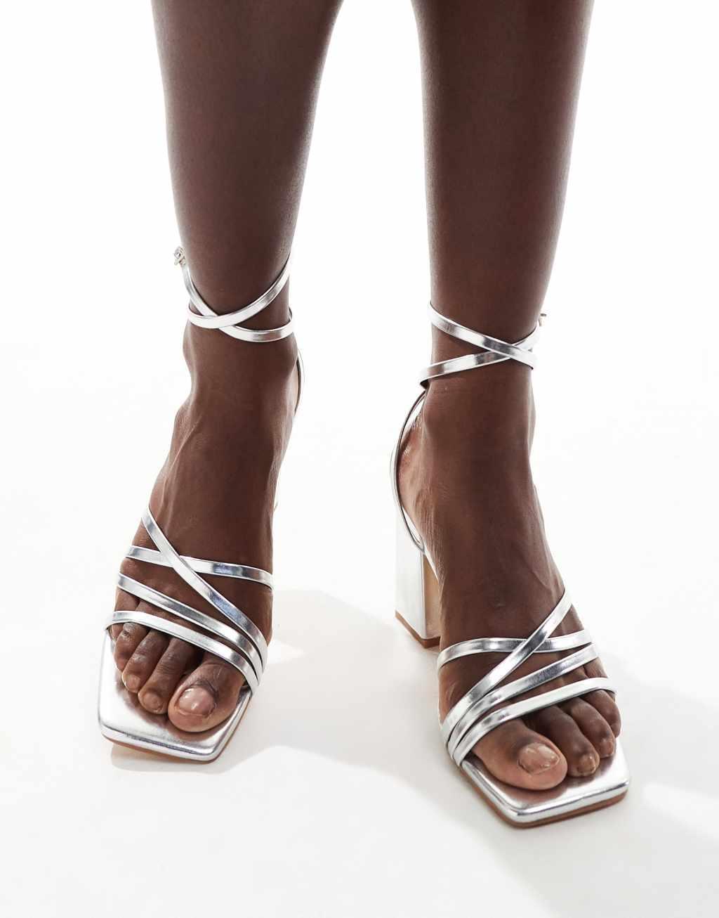 London Rebel Audrey wide fit strappy heeled sandal in silver Product Image