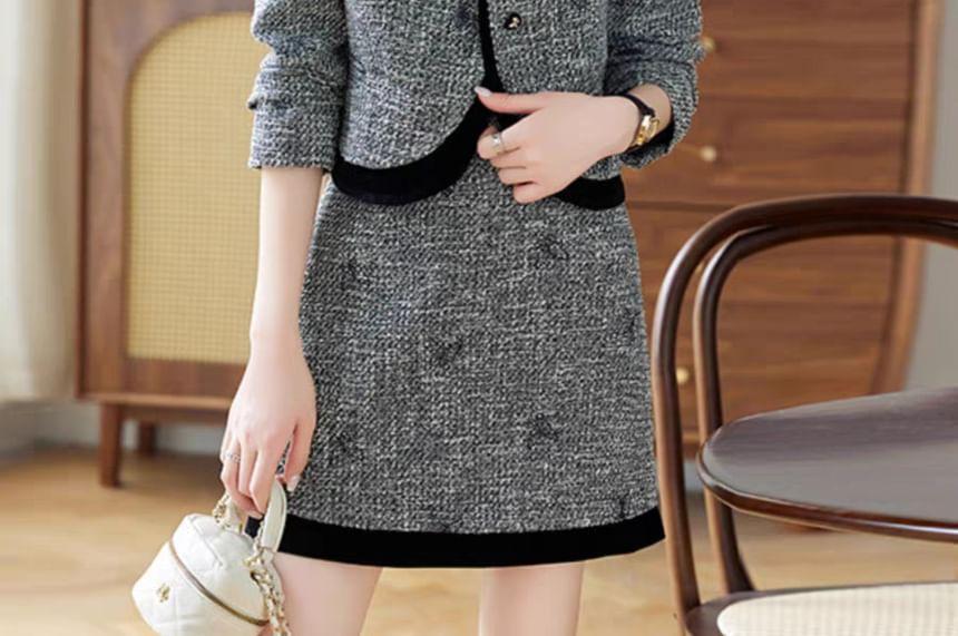 Set: Round Neck Butterfly Buttoned Jacket + High Waist Mini A-Line Skirt Product Image