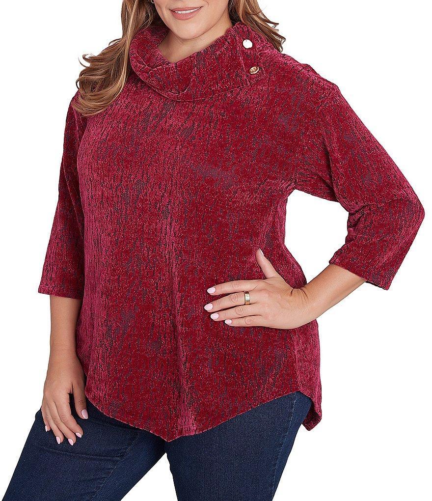 Ruby Rd. Plus Size Knit Faux Fois Bois Print Split Cowl Neck 3/4 Sleeve Asymmetric Hem Sweater product image