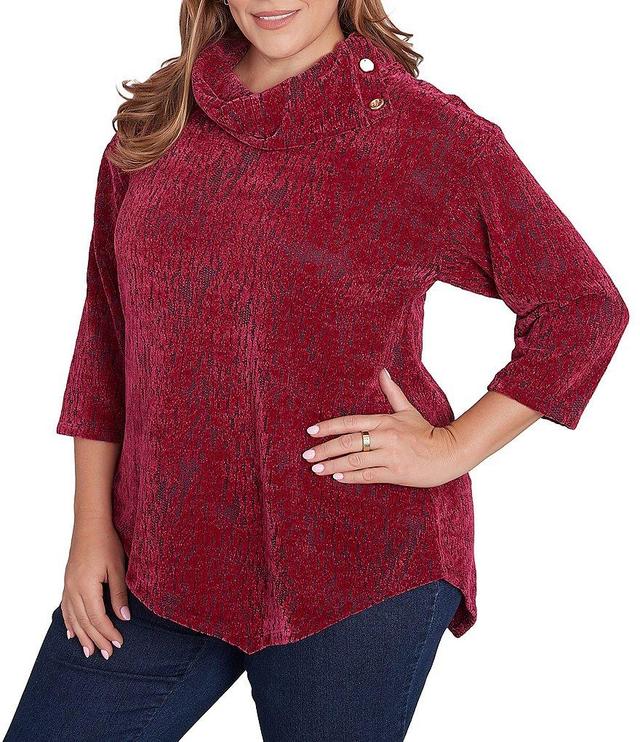 Ruby Rd. Plus Size Knit Faux Fois Bois Print Split Cowl Neck 3/4 Sleeve Asymmetric Hem Sweater Product Image