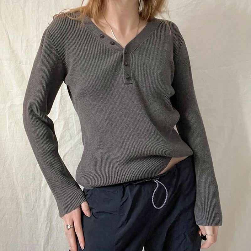 Long Sleeve V-Neck Half-Button Plain Loose-Fit Sweater Product Image