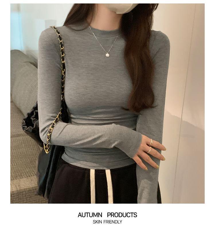 Long-Sleeve High Neck Plain Tee Product Image