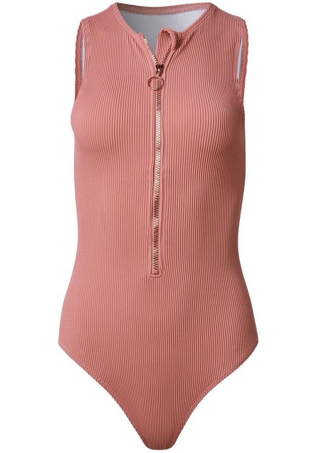 Zip Front Ribbed One-Piece - Pink Rosette Product Image