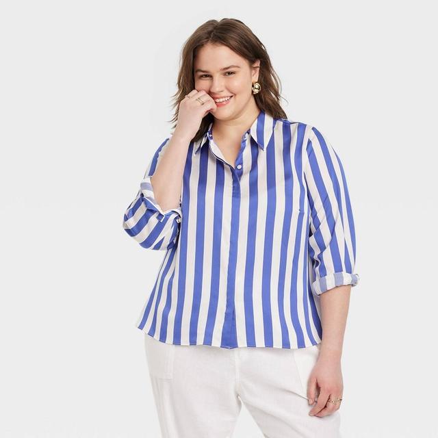 Womens Slim Fit Long Sleeve Satin Button-Down Shirt - A New Day Blue/White Striped 4X Product Image