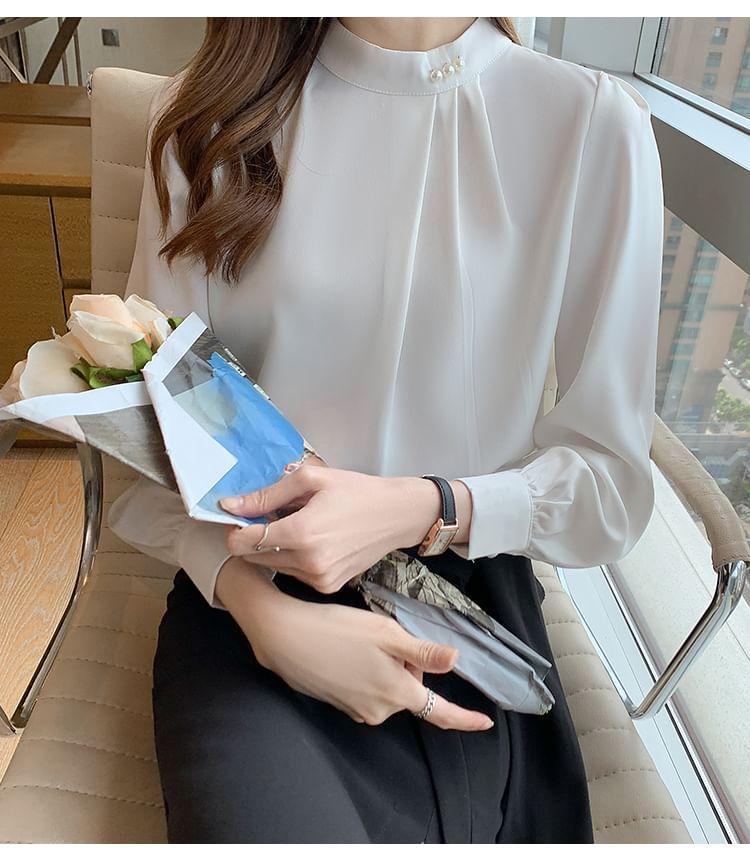 Long-Sleeve Stand Collar Plain Faux Pearl Accent Ruched Blouse Product Image