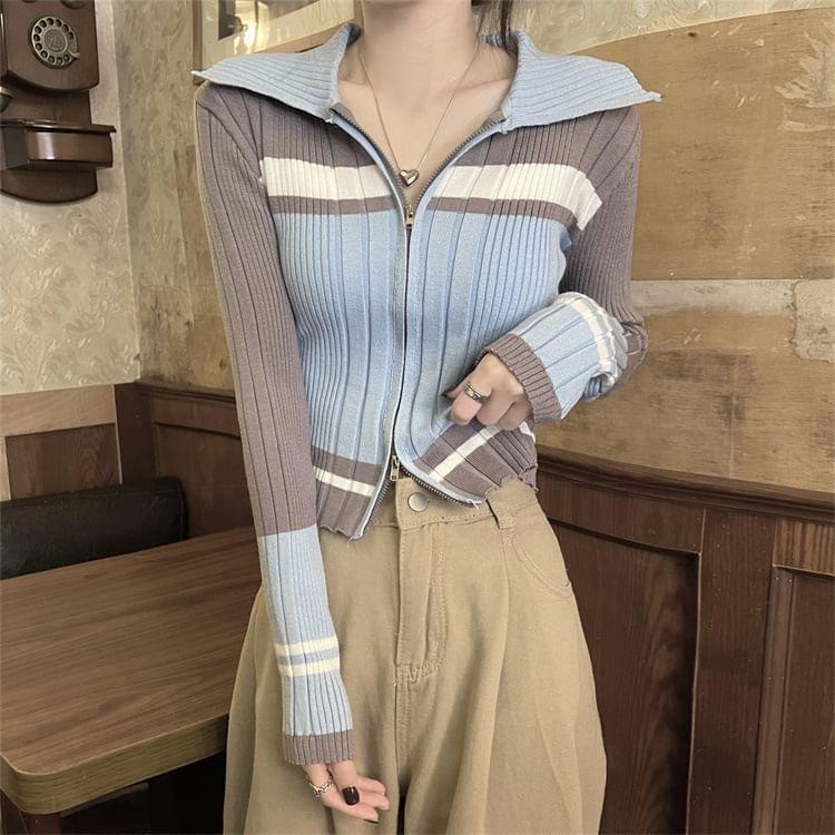 Striped Ribbed Zip Cardigan Product Image